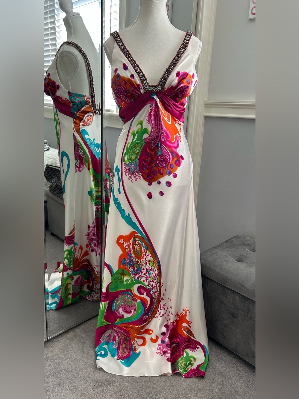La Femme Silk Multicolor Beaded trim formal dress. Like New Size 6